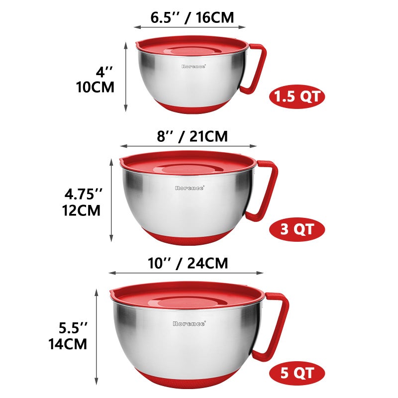 Rorence Mixing Bowls with Lids Set: Stainless Steel Mixing Bowls with Handles, Non-Slip Bottom & Pour Spout - Red, 3 quarts - Image 3